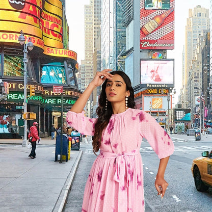 Women’s Pink Dobby Georgette Tie-Dye Fit & Flare Dress – Sizes M & L