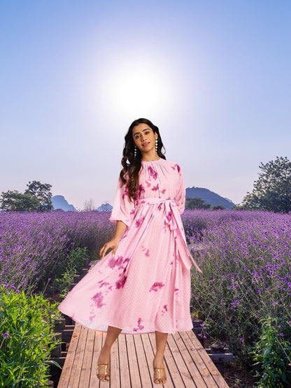 Women’s Pink Dobby Georgette Tie-Dye Fit & Flare Dress – Sizes M & L