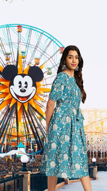 Women’s Teal Cotton Floral Empire Waist Dress – Sizes L to 2XL