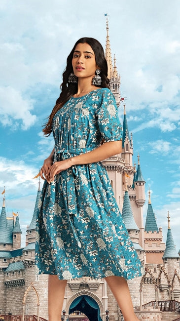 Women’s Teal Cotton Floral Empire Waist Dress – Sizes L to 2XL