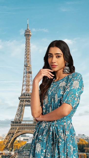 Women’s Teal Cotton Floral Empire Waist Dress – Sizes L to 2XL