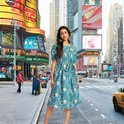 Women’s Teal Cotton Floral Empire Waist Dress – Sizes L to 2XL