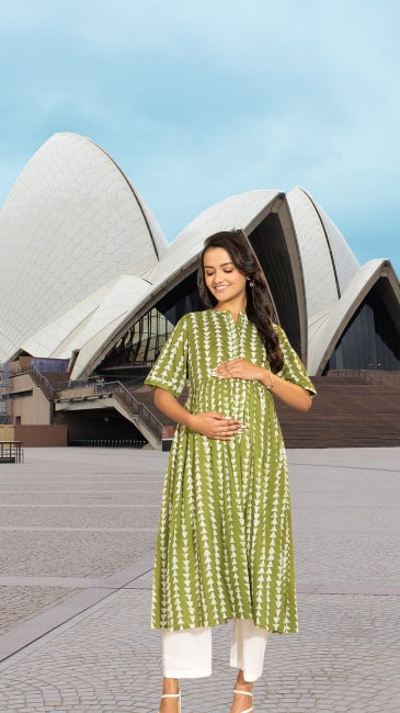 Green Cotton Block Printed Gathered Kurta – Everyday Wear (M to 2XL)