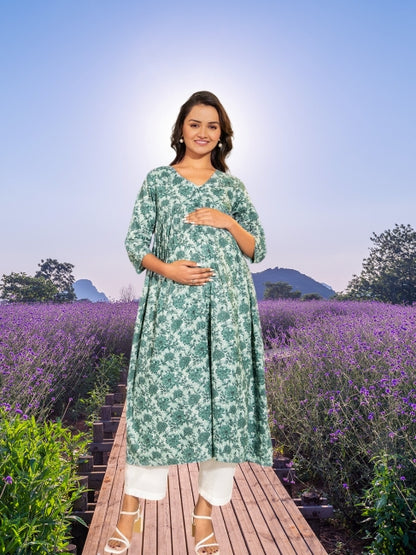 Green Cotton Floral Printed A-Line Kurta – Everyday Wear (M to 3XL)