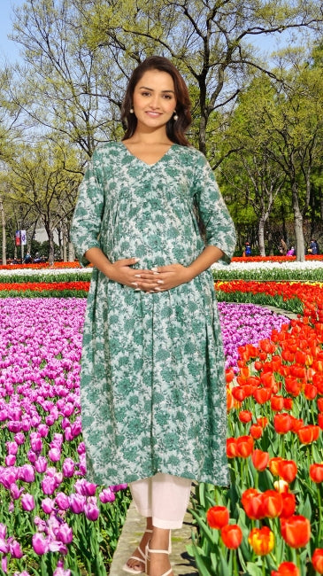 Green Cotton Floral Printed A-Line Kurta – Everyday Wear (M to 3XL)