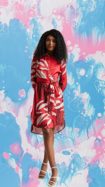 Satin Abstract Print Button Down Dress for Women – Long Sleeve Belted Mini Dress, Sizes S to XL