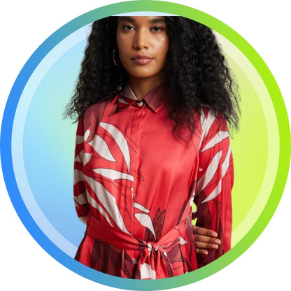 Satin Abstract Print Button Down Dress for Women – Long Sleeve Belted Mini Dress, Sizes S to XL