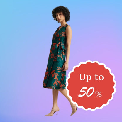 Organza Floral Print Wrap Dress for Women – Sleeveless Midi Dress, Sizes S to XL