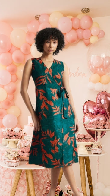 Organza Floral Print Wrap Dress for Women – Sleeveless Midi Dress, Sizes S to XL