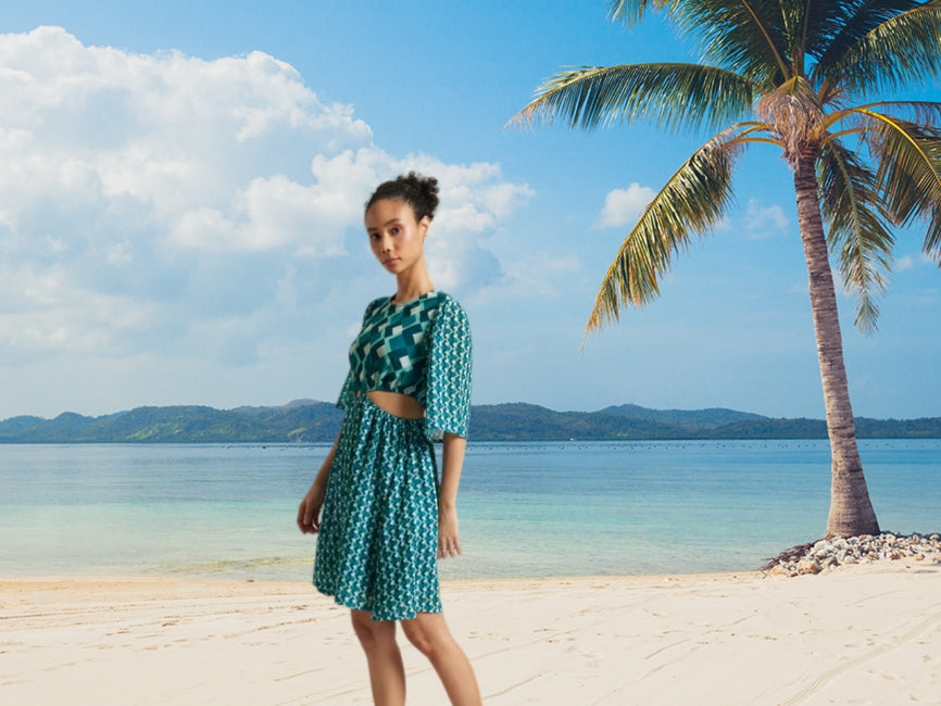 Teal Georgette Geometric Print Side Cut-Out Dress for Women – Flared Mini Dress, Sizes S to XL