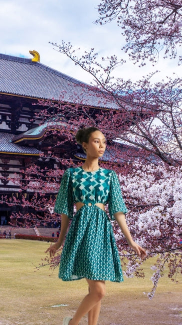 Teal Georgette Geometric Print Side Cut-Out Dress for Women – Flared Mini Dress, Sizes S to XL