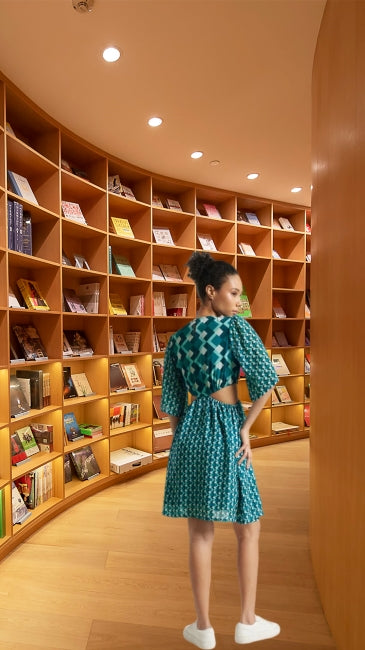 Teal Georgette Geometric Print Side Cut-Out Dress for Women – Flared Mini Dress, Sizes S to XL