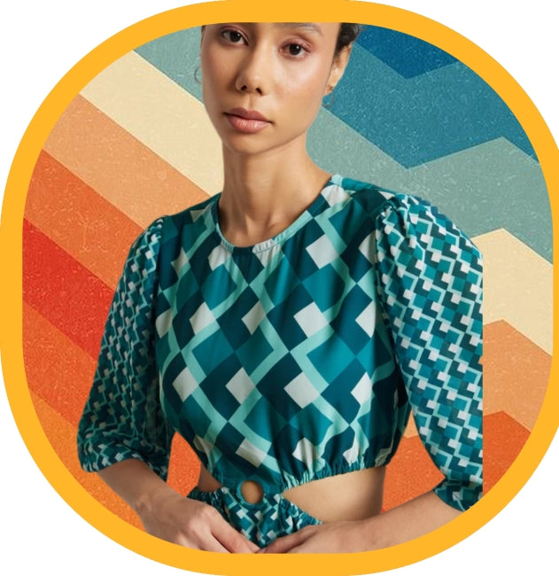 Teal Georgette Geometric Print Side Cut-Out Dress for Women – Flared Mini Dress, Sizes S to XL