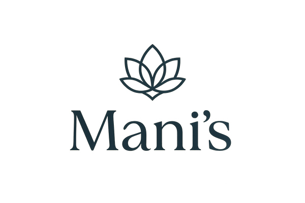A minimalist beautiful font , the name only - Mani’s in a unique font , and an associated beautiful symbol