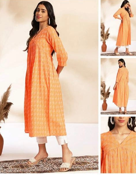 Orange Cotton Printed Flared Kurti for Women with V-Neck – L to 2XL