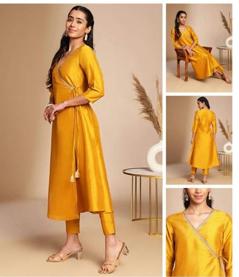 Mustard Yellow Silk Wrap Kurta Pant Set for Women with Side Tie and V-Neck – Festive Wear
