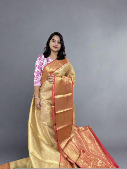 Banarasi Zari Tanchui Kanchipuram Soft Silk Saree with Rich Pallu and Brocade Blouse
