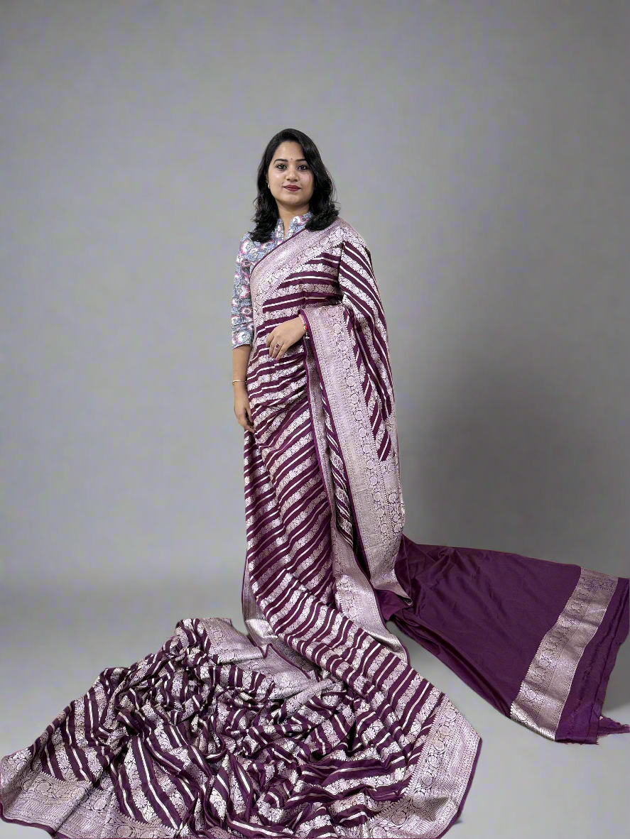 Handloom Banarasi Mashru Katan Silk Saree with Aada Weave and Border Blouse