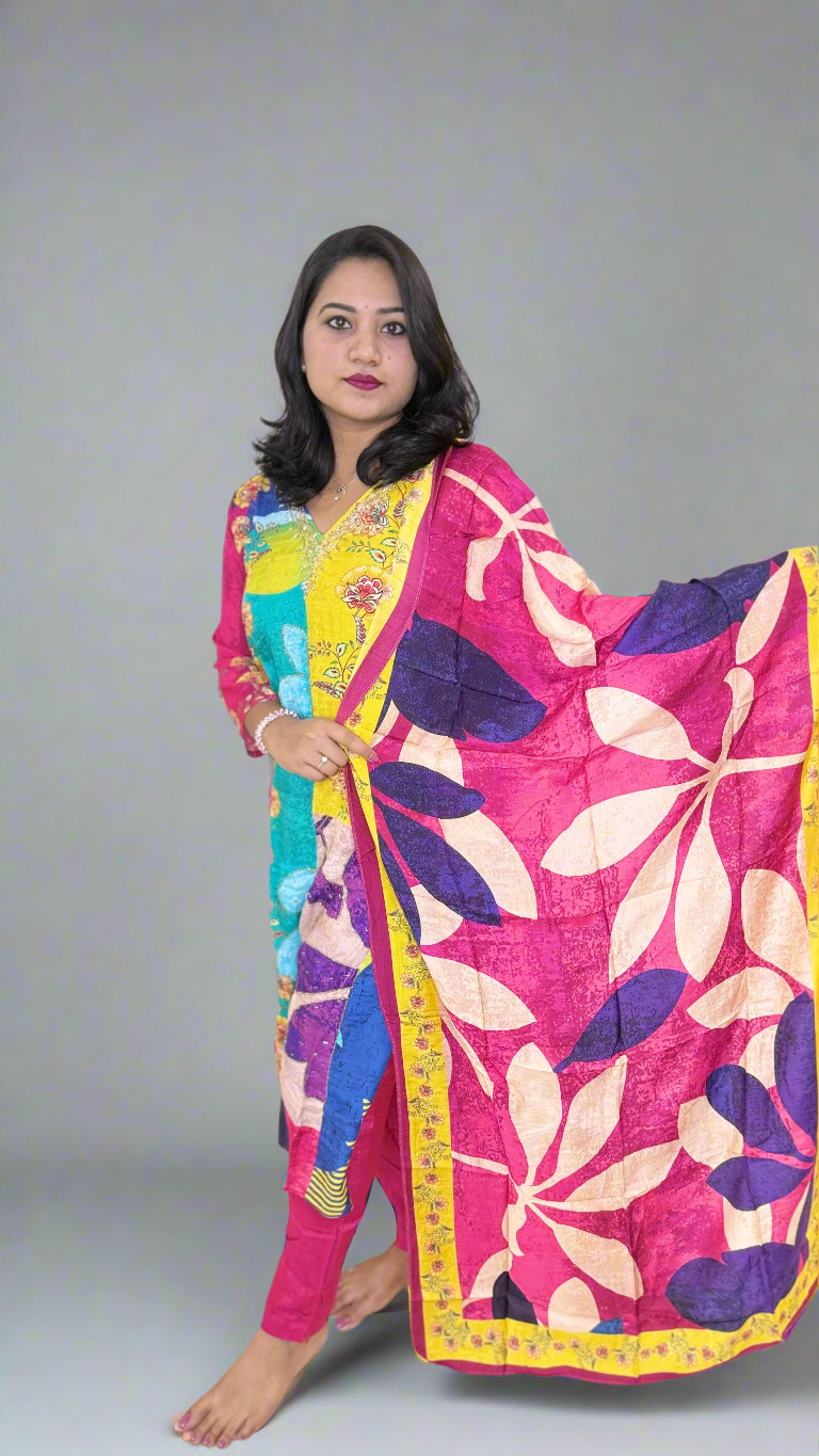 Pure Muslin Kurta Pant Dupatta Set with Handwork and Cotton Inner – Plus Sizes XL to 3XL