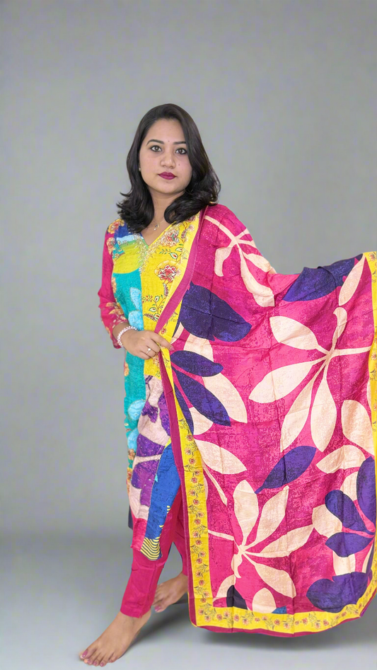 Pure Muslin Kurta Pant Dupatta Set with Handwork and Cotton Inner – Plus Sizes XL to 3XL