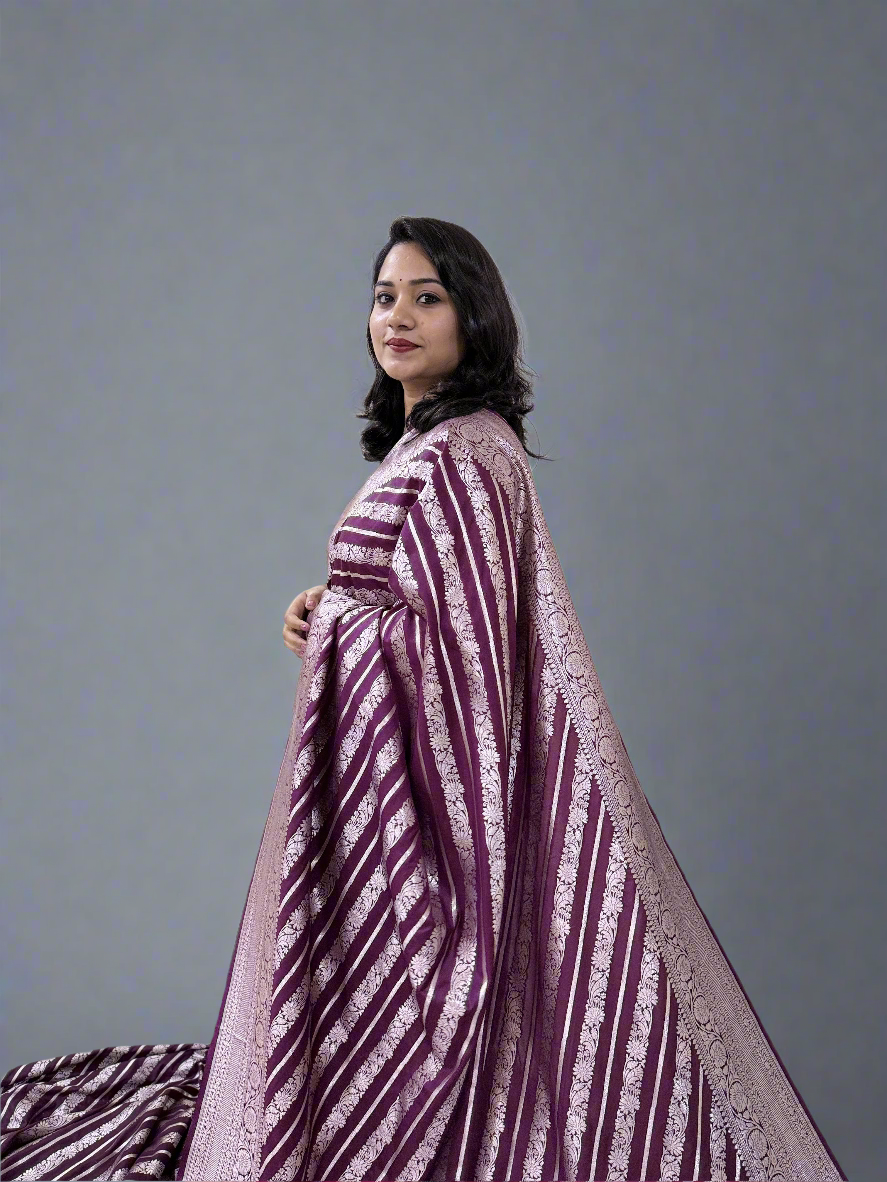 Handloom Banarasi Mashru Katan Silk Saree with Aada Weave and Border Blouse