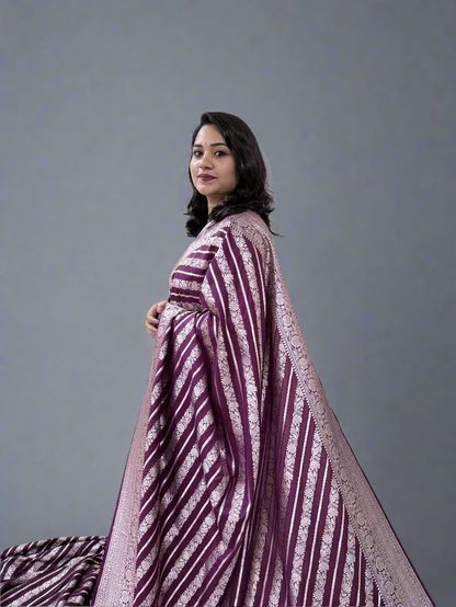 Handloom Banarasi Mashru Katan Silk Saree with Aada Weave and Border Blouse