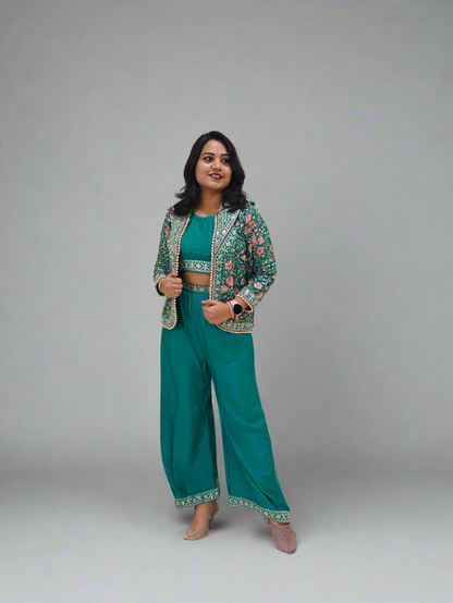 Real Chinon 3-Piece Ethnic Set with Front and Back Embroidery, Mirror Work, and Tassel Lace – Free Size Stitched