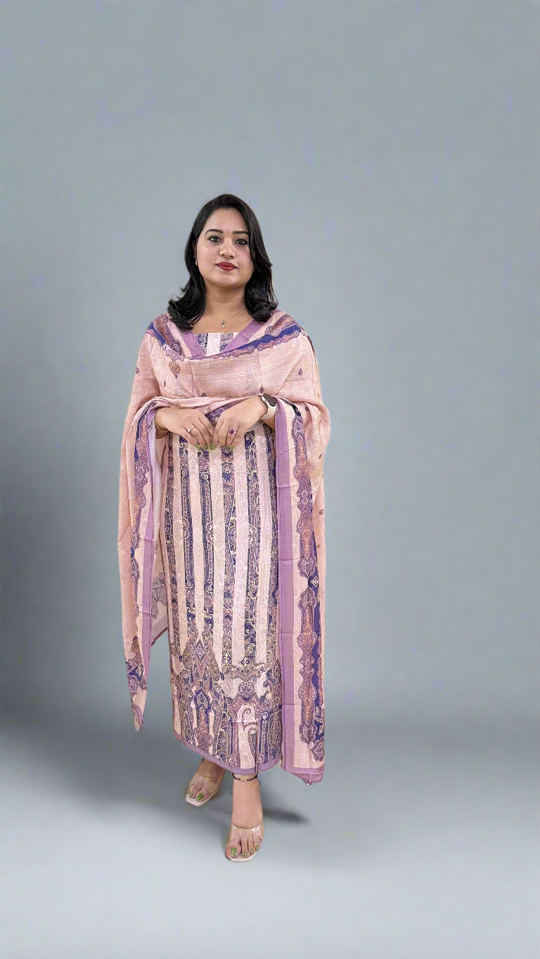 Women’s Staple Twill Suit Set with Digital Print and Handwork and Pashmina Style Dupatta – Ethnic Wear