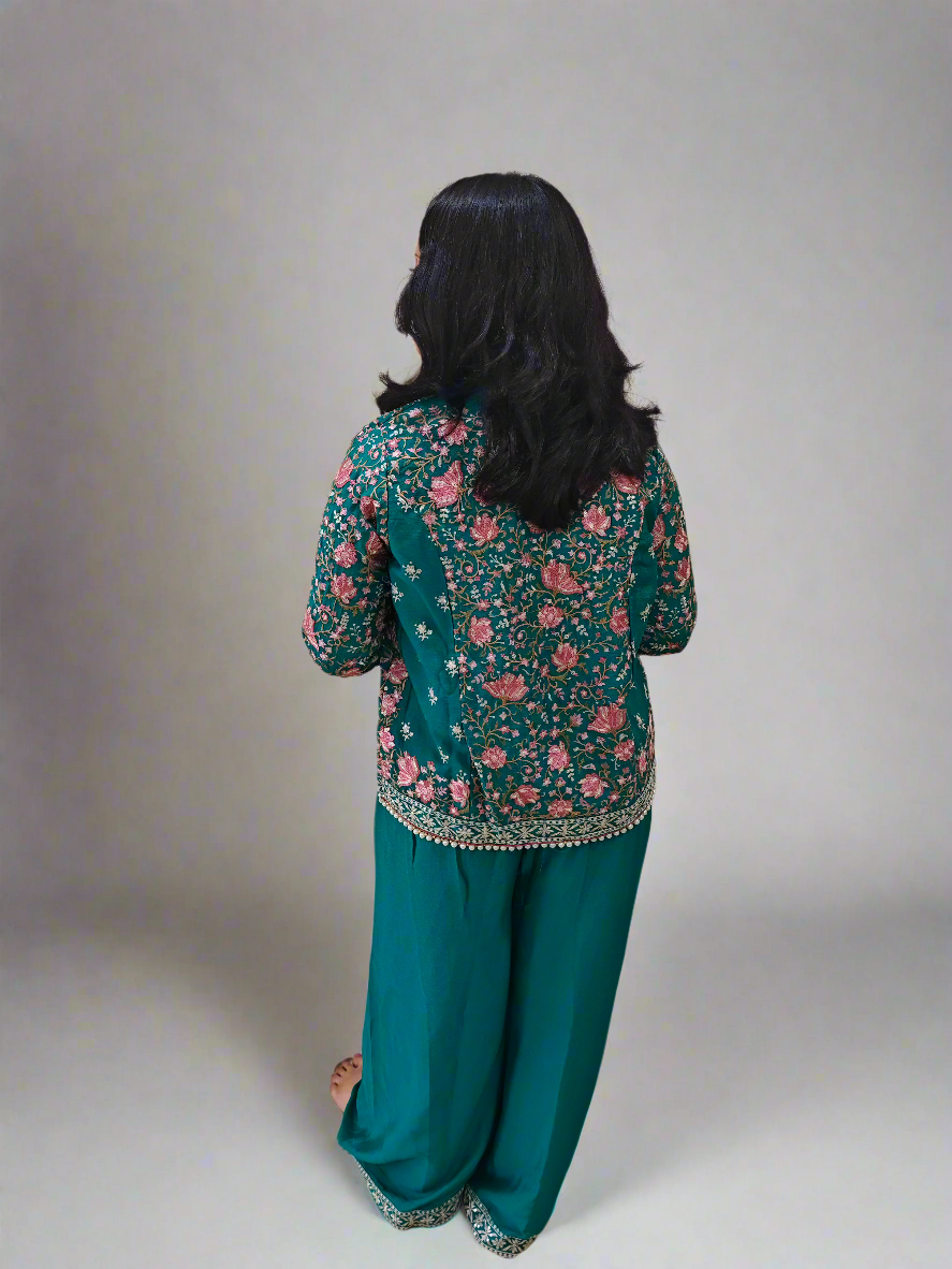 Real Chinon 3-Piece Ethnic Set with Front and Back Embroidery, Mirror Work, and Tassel Lace – Free Size Stitched