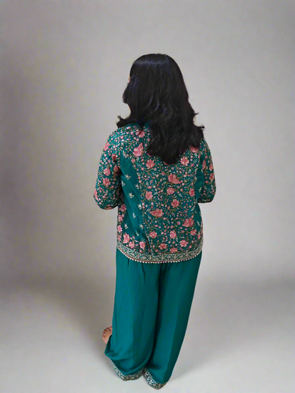 Real Chinon 3-Piece Ethnic Set with Front and Back Embroidery, Mirror Work, and Tassel Lace – Free Size Stitched