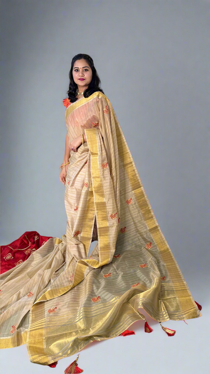 Cotton Dola Silk Saree with Weaving, Print or Embroidery Work and Tassel Detailing – For Women