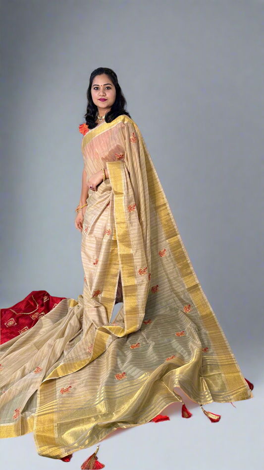 Cotton Dola Silk Saree with Weaving, Print or Embroidery Work and Tassel Detailing – For Women