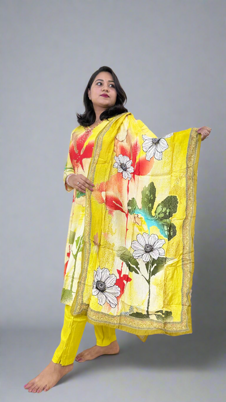 Pure Muslin Kurta Pant Dupatta Set with Handwork and Cotton Inner – Plus Sizes XL to 3XL