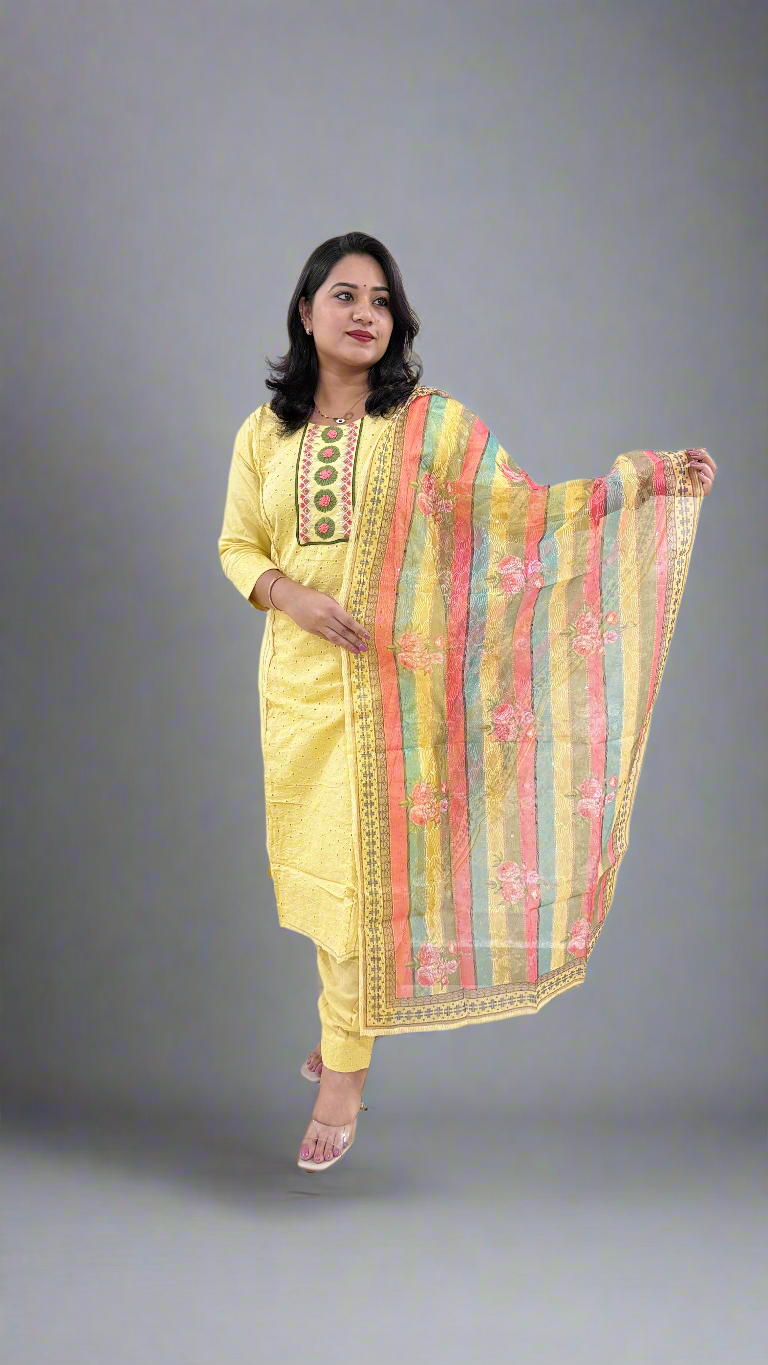 Schiffli Cotton Embroidered Kurta Set with Organza Digital Print Dupatta – Sizes 36 to 44