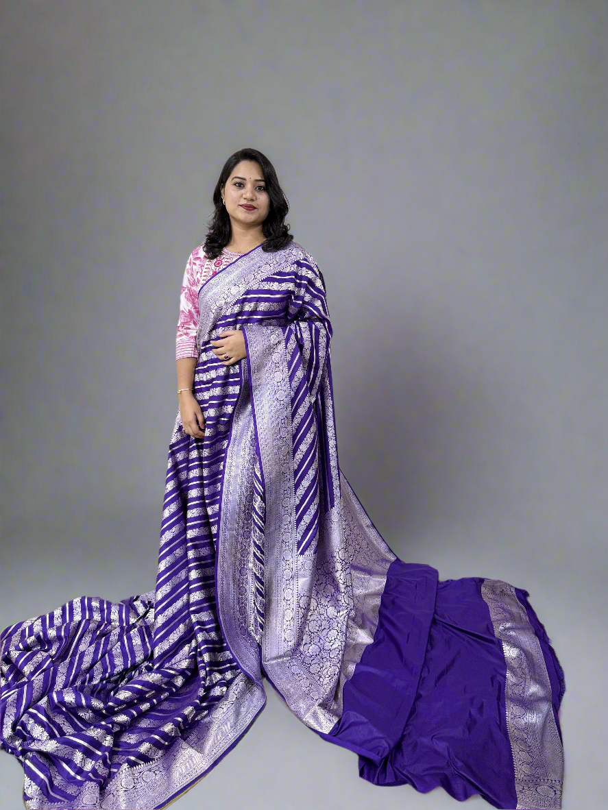 Handloom Banarasi Mashru Katan Silk Saree with Aada Weave and Border Blouse