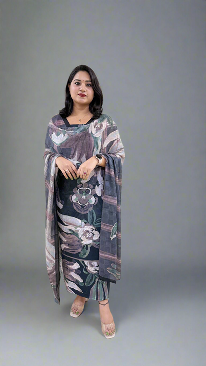 Staple Twill Digital Print Suit Set with Hand Work and Ramie Chinon Dupatta for Women