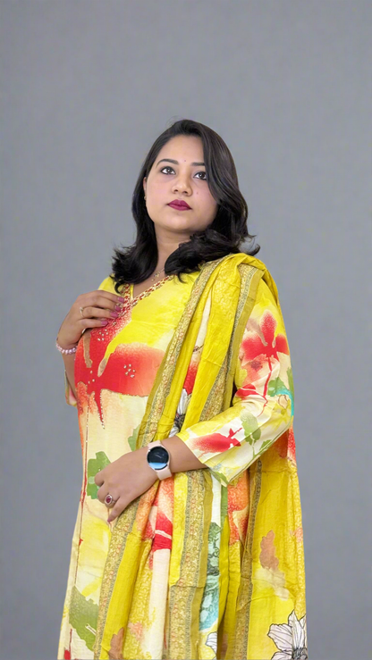 Pure Muslin Kurta Pant Dupatta Set with Handwork and Cotton Inner – Plus Sizes XL to 3XL