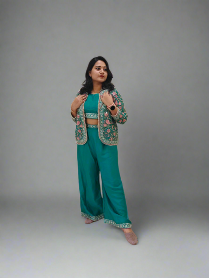 Real Chinon 3-Piece Ethnic Set with Front and Back Embroidery, Mirror Work, and Tassel Lace – Free Size Stitched