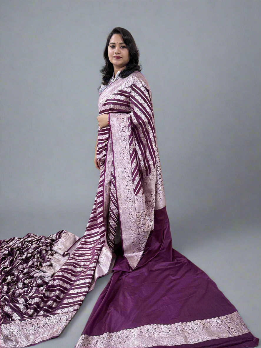 Handloom Banarasi Mashru Katan Silk Saree with Aada Weave and Border Blouse