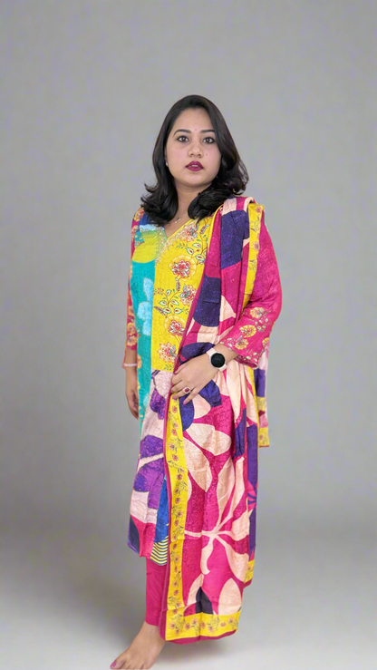 Pure Muslin Kurta Pant Dupatta Set with Handwork and Cotton Inner – Plus Sizes XL to 3XL