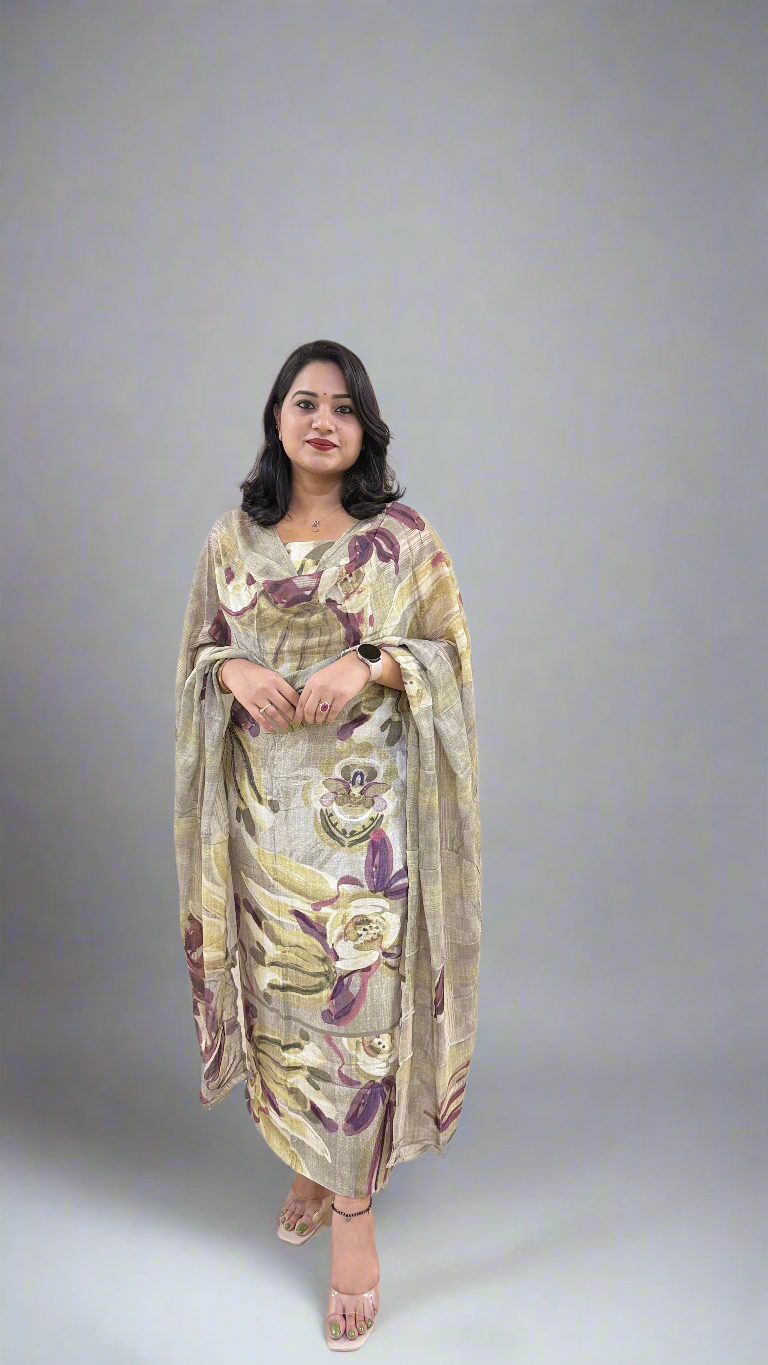 Staple Twill Digital Print Suit Set with Hand Work and Ramie Chinon Dupatta for Women