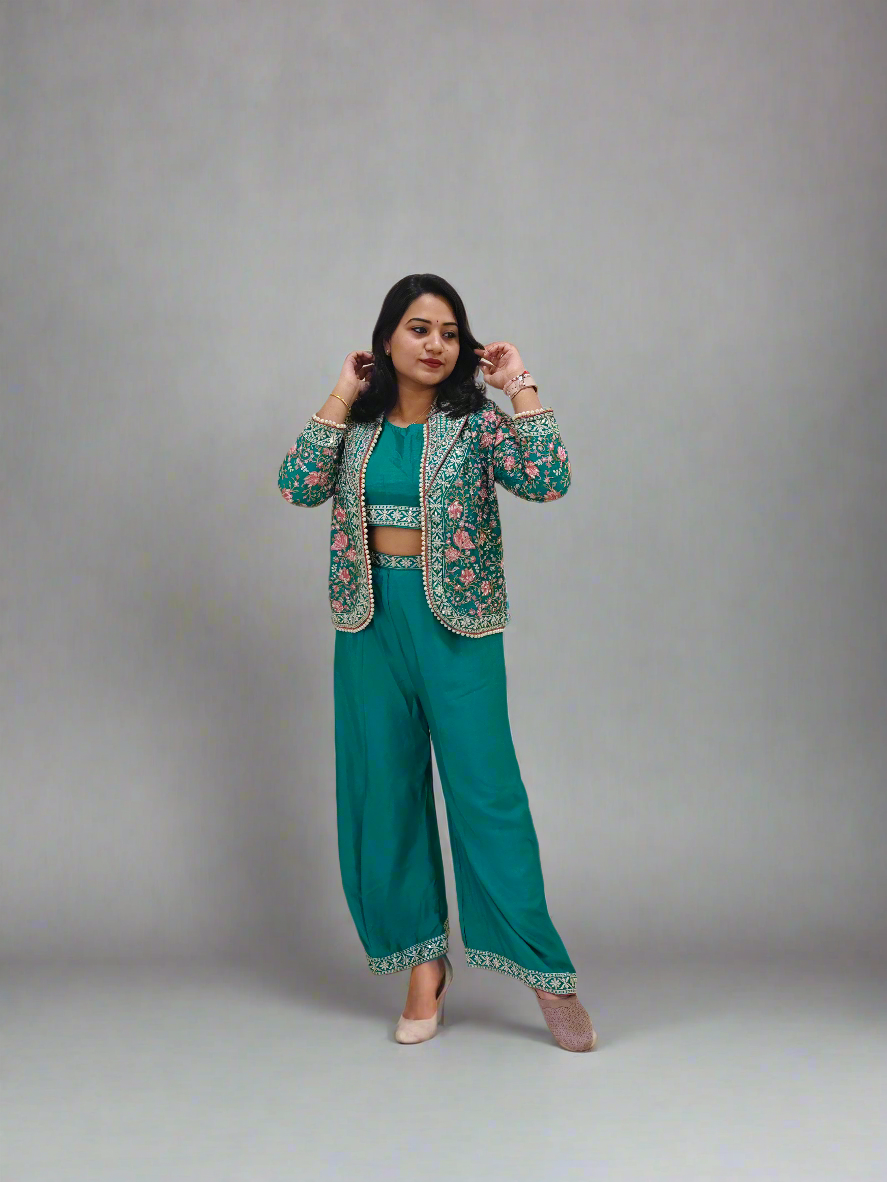 Real Chinon 3-Piece Ethnic Set with Front and Back Embroidery, Mirror Work, and Tassel Lace – Free Size Stitched