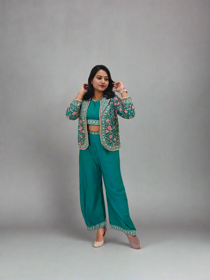 Real Chinon 3-Piece Ethnic Set with Front and Back Embroidery, Mirror Work, and Tassel Lace – Free Size Stitched