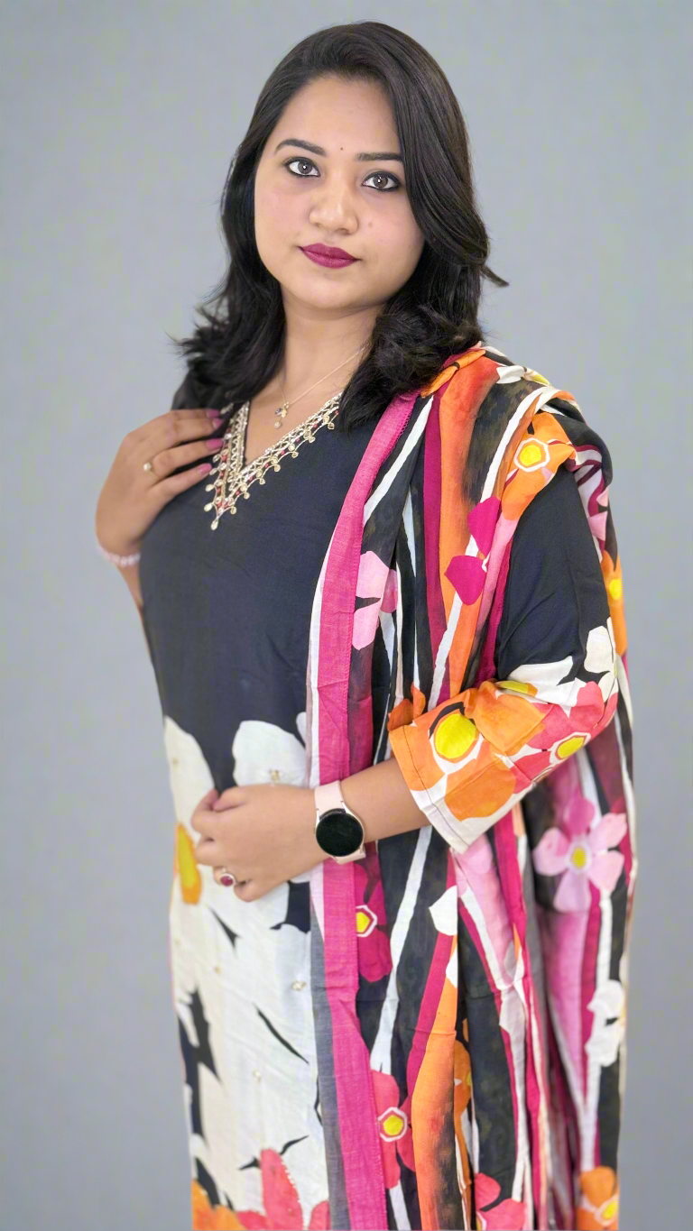 Pure Muslin Kurta Pant Dupatta Set with Handwork and Cotton Inner – Plus Sizes XL to 3XL