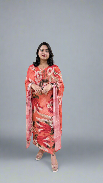 Staple Twill Digital Print Suit Set with Hand Work and Ramie Chinon Dupatta for Women