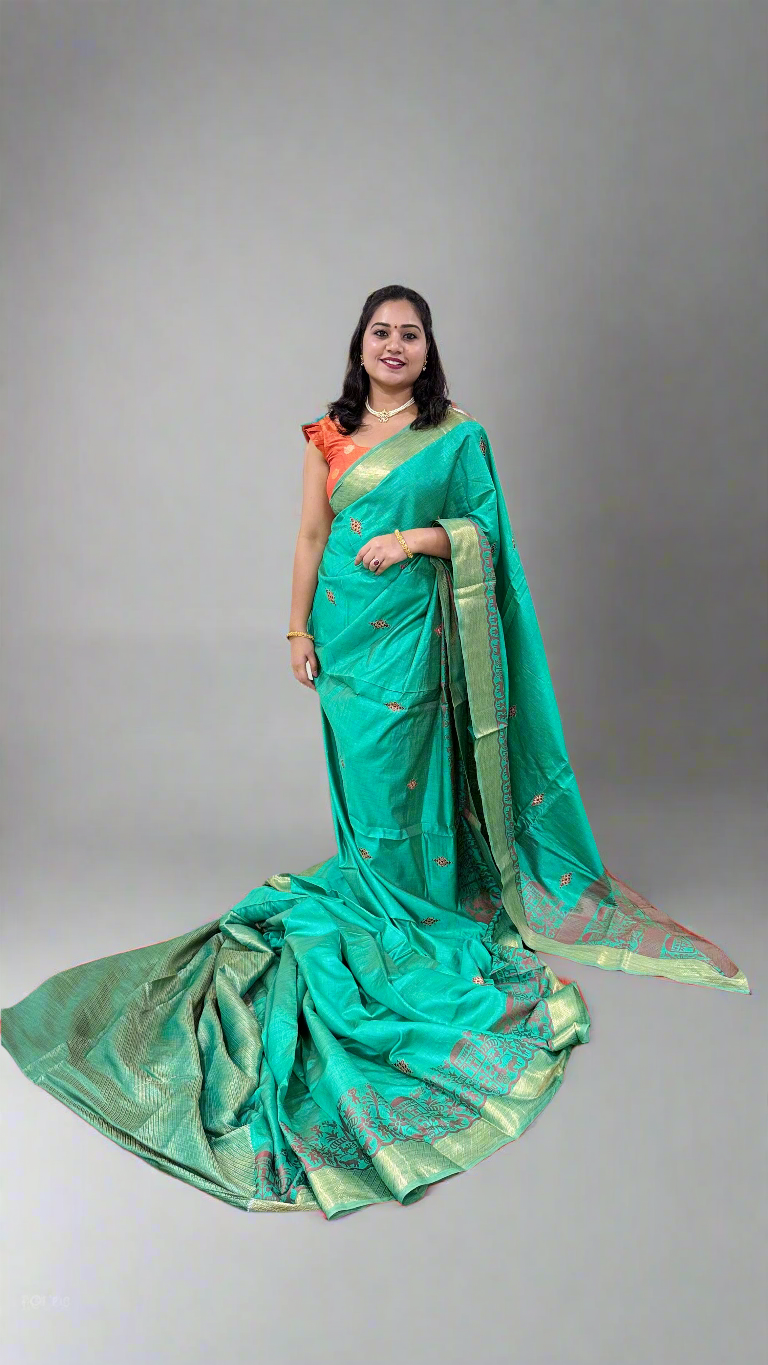 Cotton Dola Silk Saree with Weaving, Print or Embroidery Work and Tassel Detailing – For Women