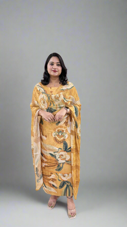 Staple Twill Digital Print Suit Set with Hand Work and Ramie Chinon Dupatta for Women