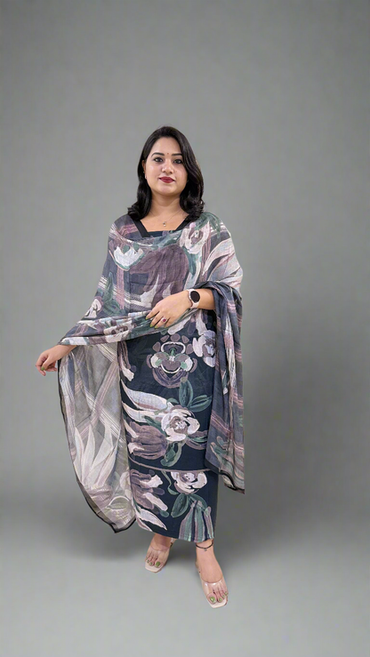 Staple Twill Digital Print Suit Set with Hand Work and Ramie Chinon Dupatta for Women