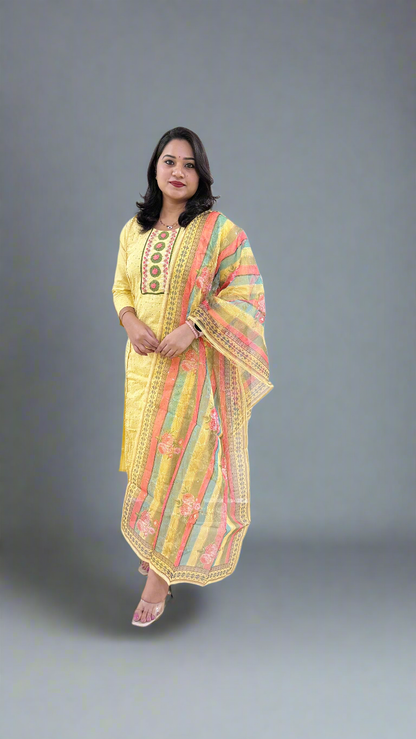 Schiffli Cotton Embroidered Kurta Set with Organza Digital Print Dupatta – Sizes 36 to 44