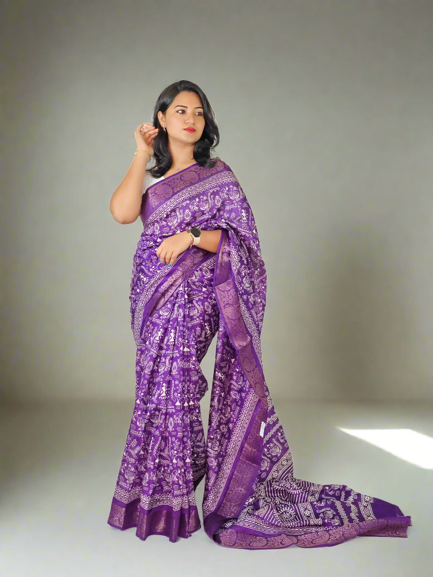 Soft Tussar Silk Slub Digital Print Saree with Golden Zari Weaving Border and Contrast Blouse